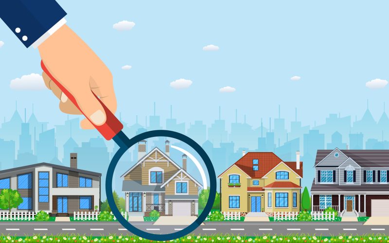 Magnifying glass with house. Real estate concept. Search for home. Vector illustration in flat style