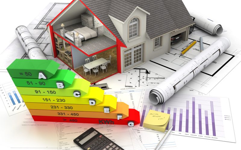 3D rendering of a House exterior with cross section showing home interior, an energy efficiency charts and blueprints